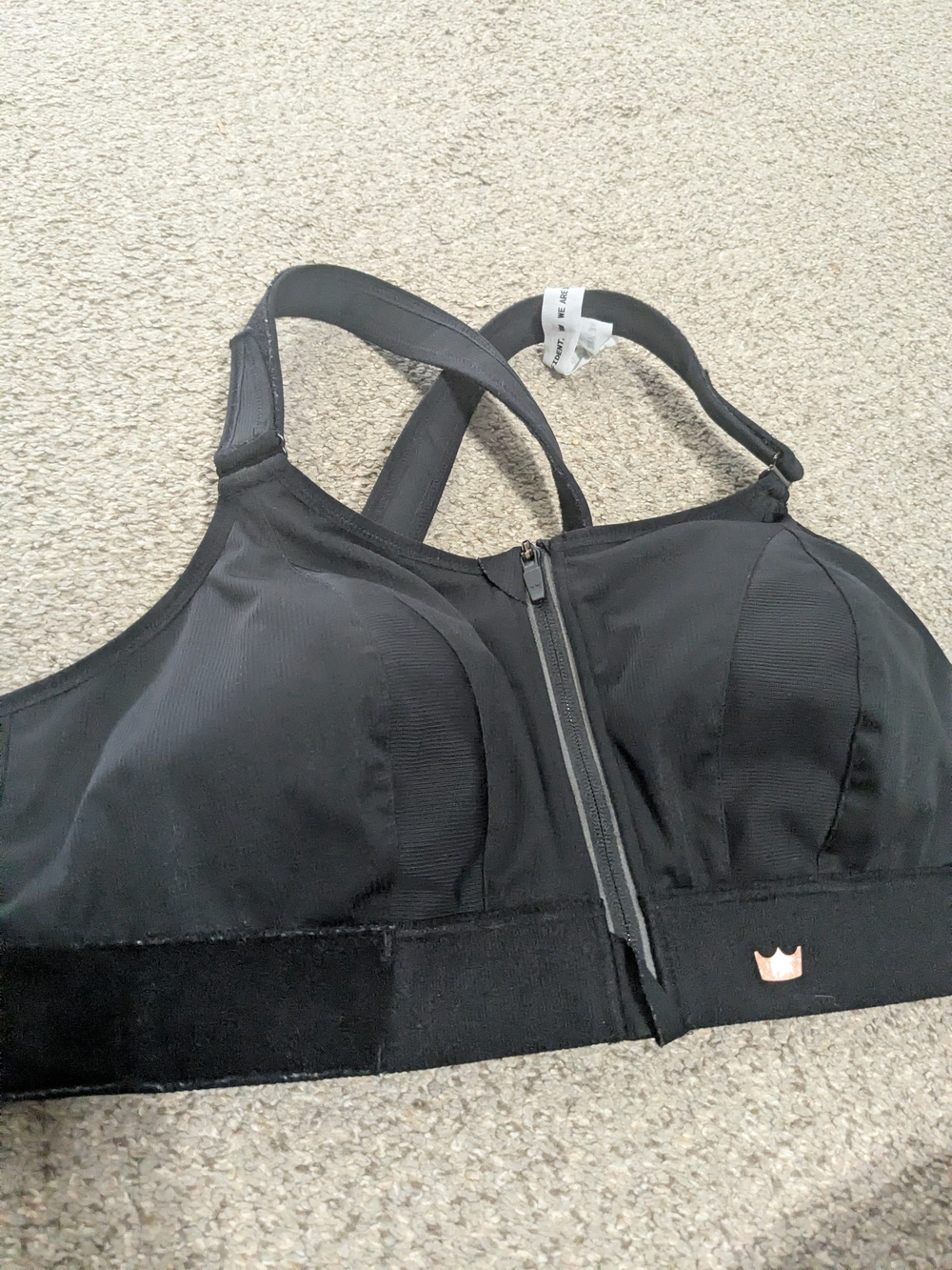 SHEFIT 3Luxe Black Front-Zip Support Bra with Gold Logo